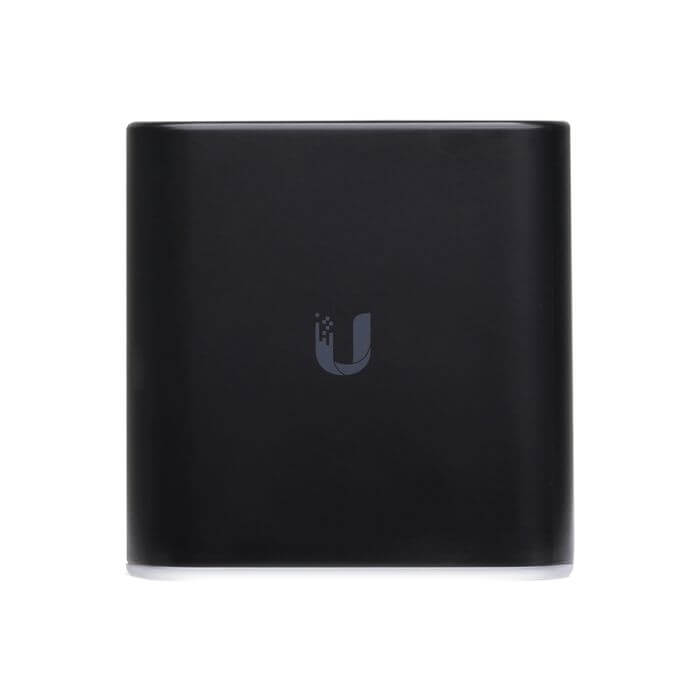 Ubiquiti UISP airCube AC WiFi Access Point shown from the front, featuring a sleek design for enhanced wireless connectivity.