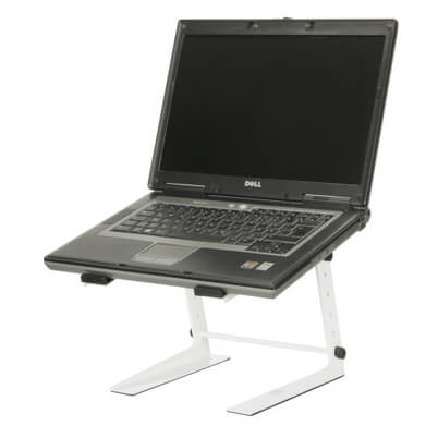 White laptop stand Adam Hall Stands SLT001EW, designed for stability and style.