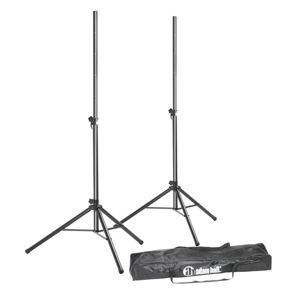 Complete speaker stand set including two stands and a carry bag, designed for easy transport and setup.
