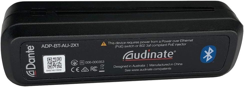Audinate Dante AVIO Bluetooth IO Adapter with 2 input and output channels, showcasing its compact design and connectivity options.