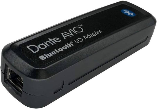 Audinate Dante AVIO Bluetooth IO Adapter 2x1 with two input and one output configuration, showcasing its sleek design.