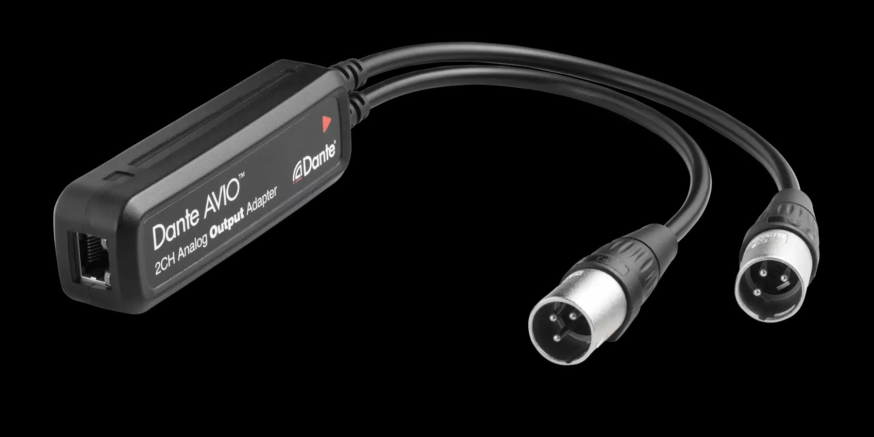 Image of the Audinate Dante AVIO Analog Output Adapter with 2 channels, showcasing its connectors.