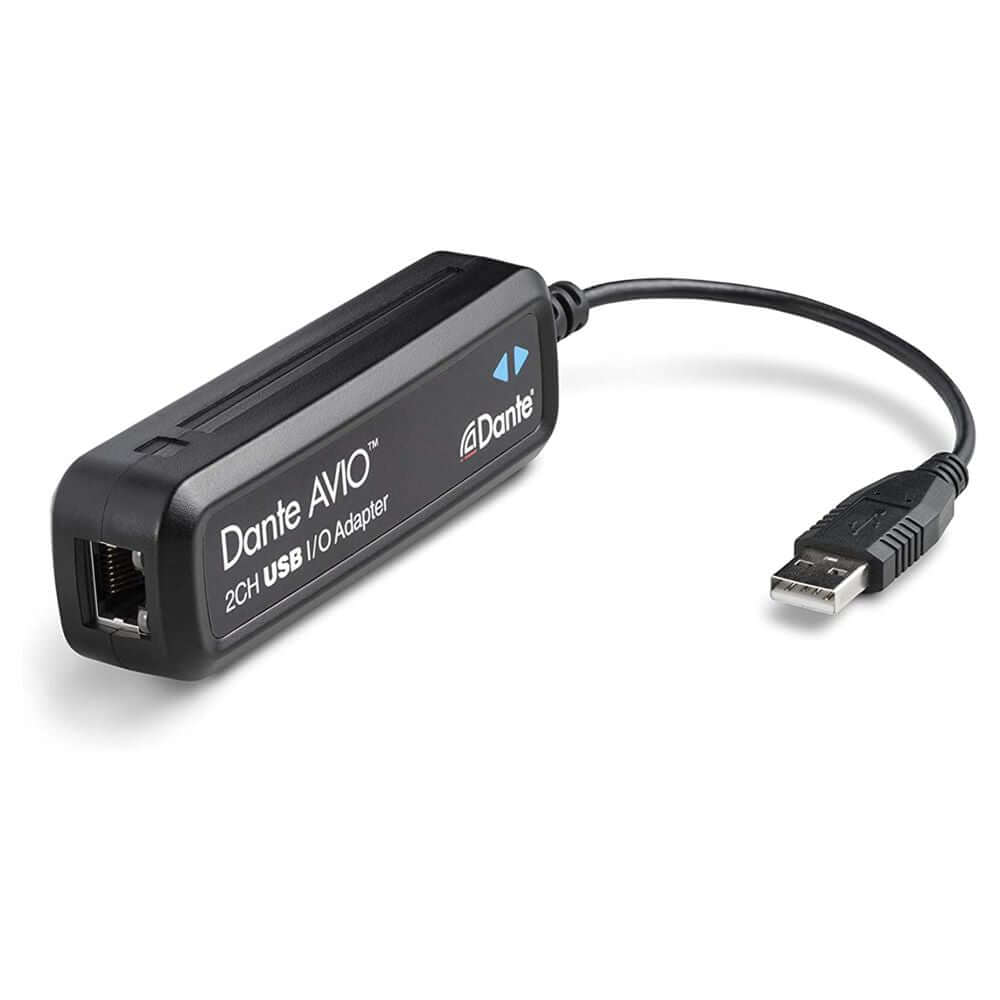 Audinate Dante AVIO USB IO Adapter 2X2 Channel, a compact device for audio over IP connectivity.