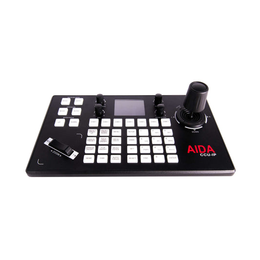 AIDA Imaging CCU-IP VISCA Serial and IP PTZ Camera Controller displayed on a neutral background.