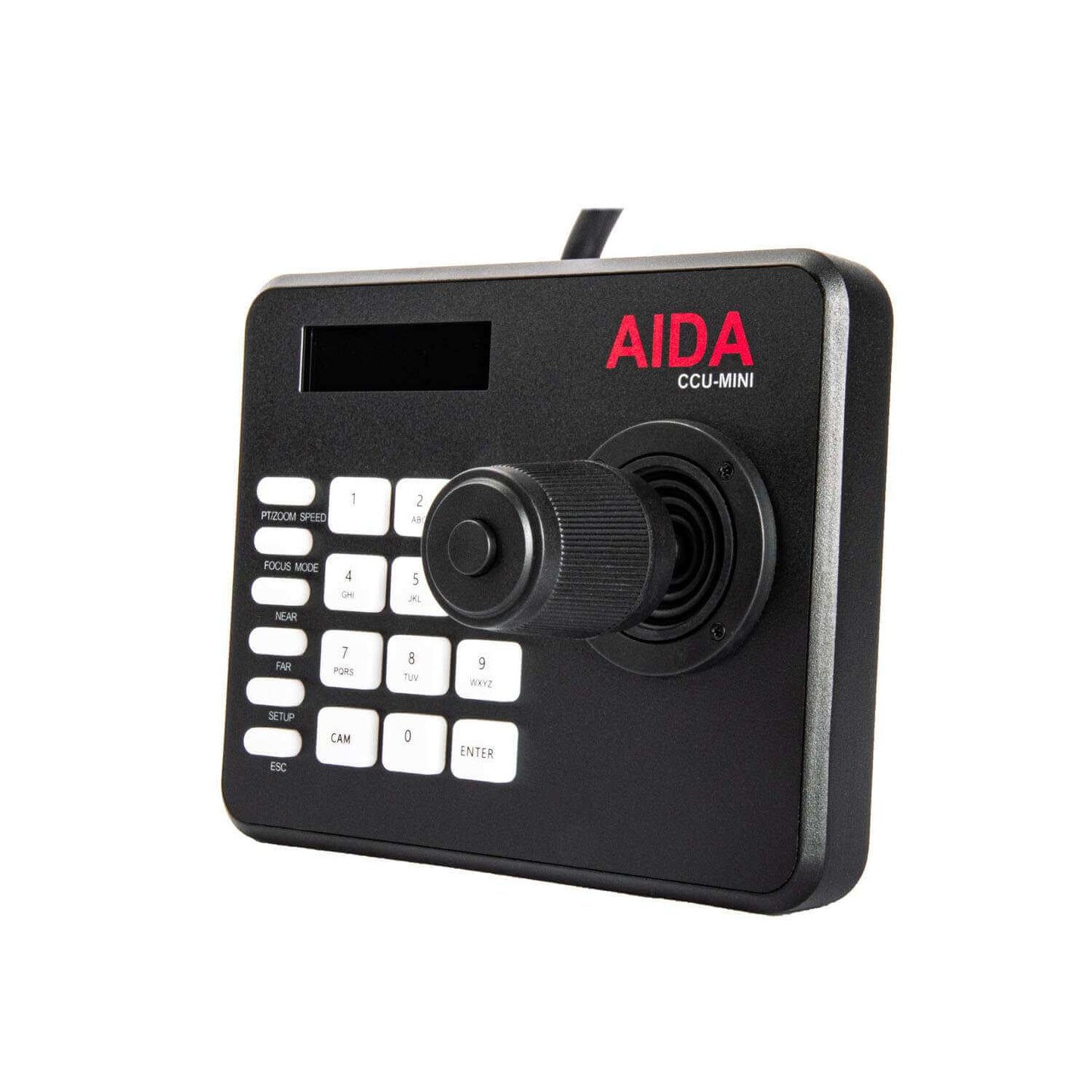 AIDA Imaging CCU-MINI Compact VISCA Serial and IP PTZ Camera Controller, showcasing its compact design and connectivity options.