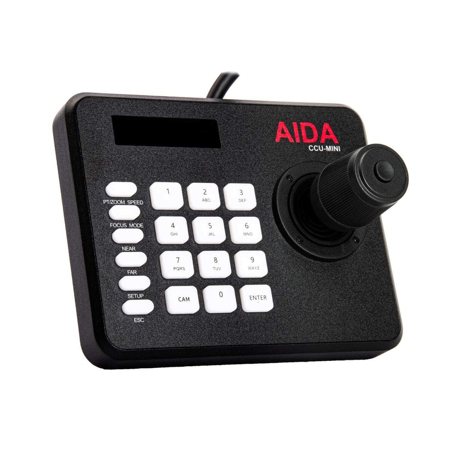 AIDA Imaging CCU-MINI Compact VISCA Serial and IP PTZ Camera Controller displayed on a white background.