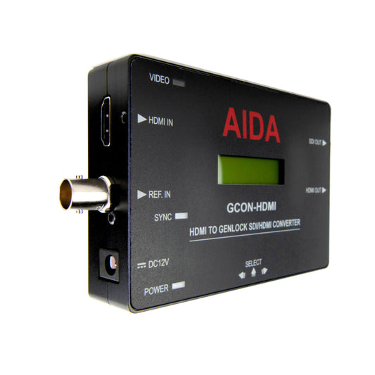 AIDA Imaging HDMI Genlock Converter with Active Loop Out, model GCON-HDMI, showcasing the device's design and features.