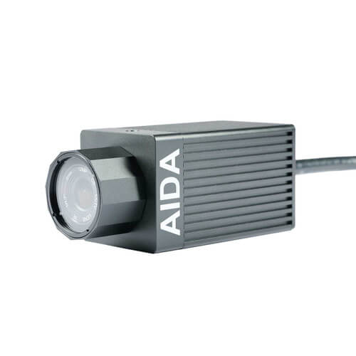 AIDA Imaging HD-100A-IP67 FHD HDMI POV weatherproof camera with TRS stereo audio input, showcasing its design and features.