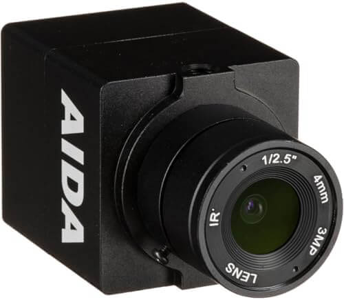 AIDA HD-100A Full HD HDMI POV Camera with TRS Stereo Audio Input, showcasing its sleek design and features.