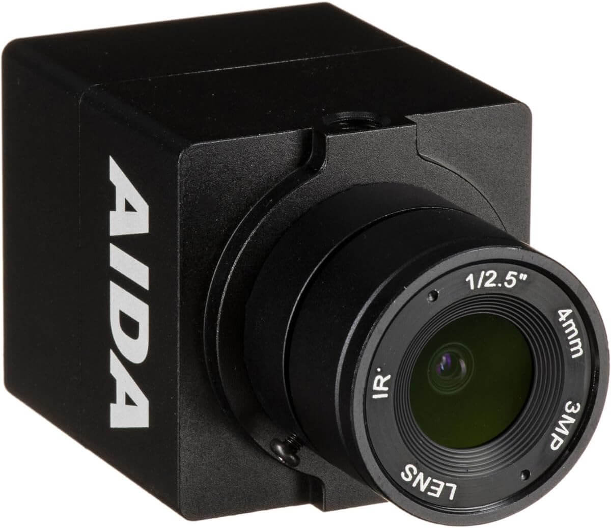 AIDA HD-100A Full HD HDMI POV Camera with TRS Stereo Audio Input showcasing its design and features.