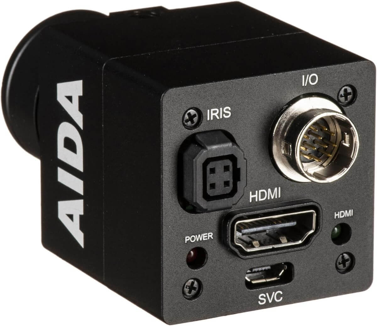 AIDA HD-100A Full HD HDMI POV Camera with TRS Stereo Audio Input, showcasing its sleek design and features.