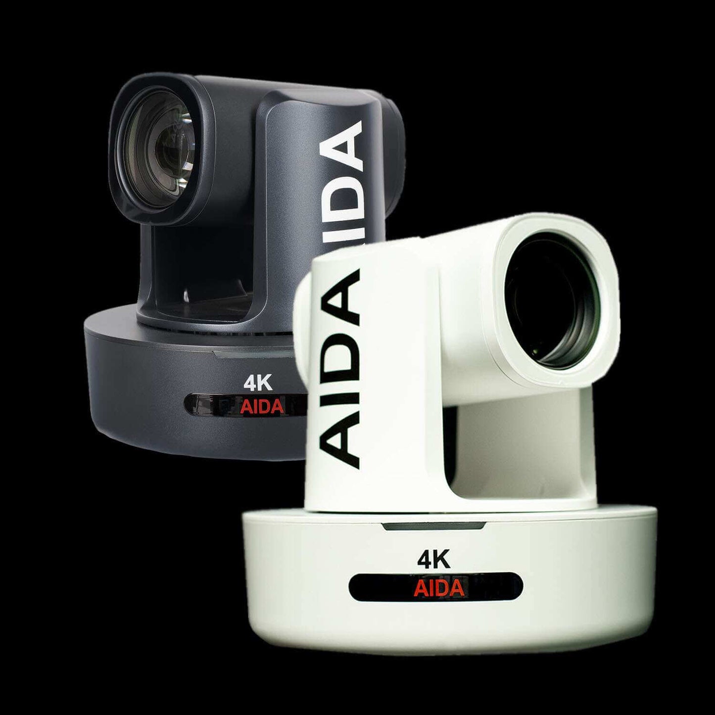 AIDA Imaging PTZ4K-NDI-X12 4K PTZ camera in white color with 12X optical zoom, showcasing its sleek design.