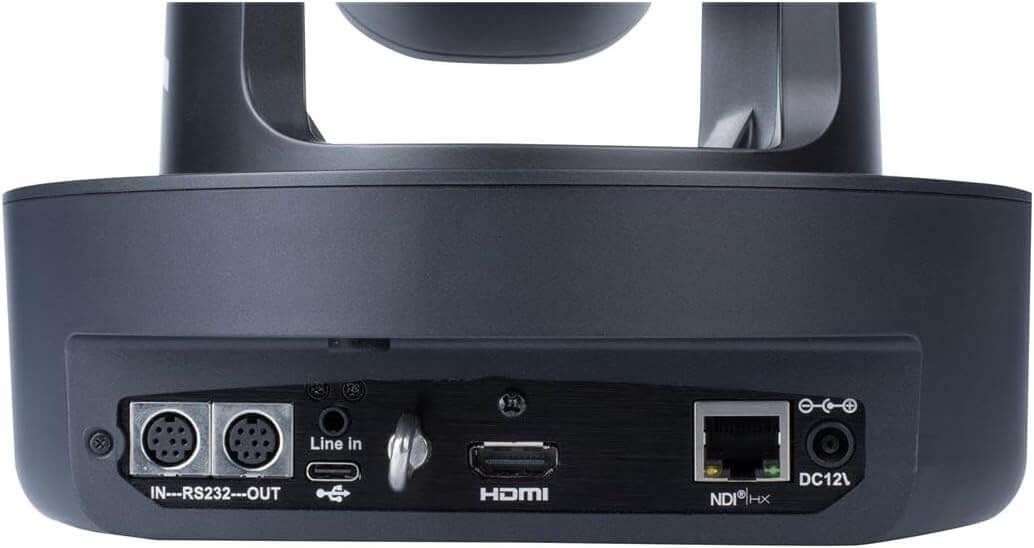 AIDA Imaging NDI|HX 4K PTZ Camera in black with 30X optical zoom, ideal for broadcast and conference settings.