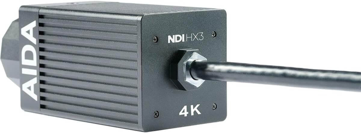AIDA Imaging UHD 4K/60 NDI |HX3/IP/SRT POE Weatherproof POV Camera, showcasing its weatherproof design and IP67 rating.