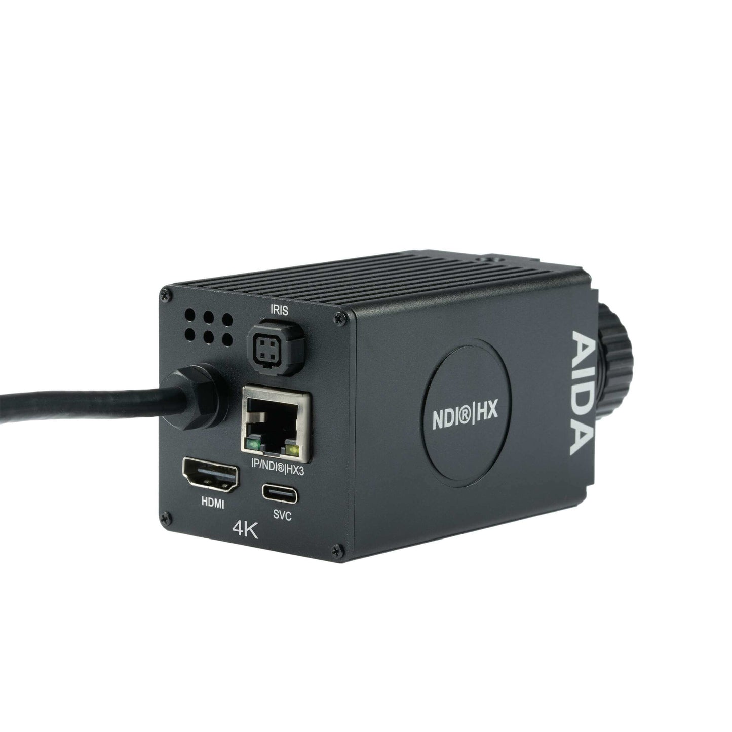AIDA Imaging UHD NDI HX3 4K/60 POE 30X Zoom POV camera, showcasing its design and features.