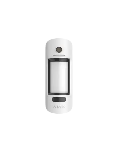 AJAX Outdoor Motion Detector in white, a wireless device designed for outdoor use with photo capture capability.