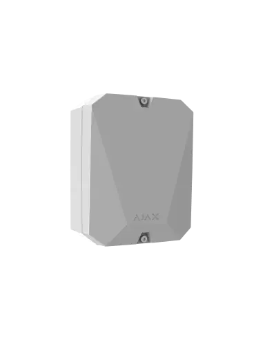 AJAX MultiTransmitter Jeweller in white, an indoor wired alarm module designed for connecting wired alarms to AJAX systems.