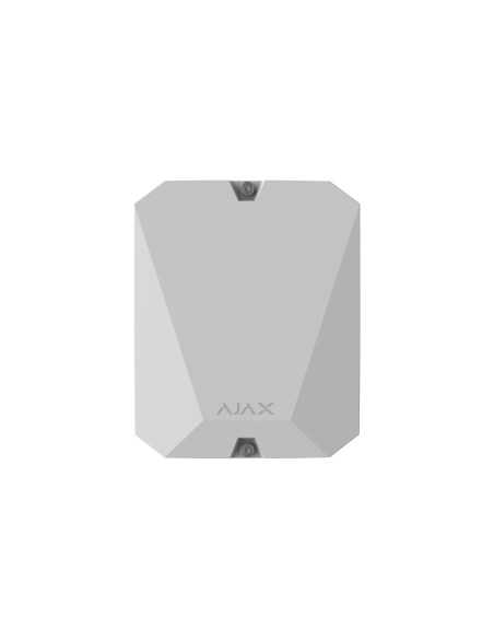 AJAX MultiTransmitter Jeweller in white, an indoor wired alarm module designed for connecting wired alarms to AJAX systems.