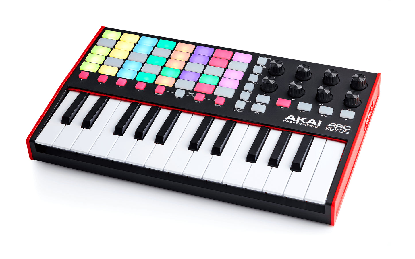 Akai APC Key 25 MKII compact keyboard controller for Ableton Live, viewed from the left angle.