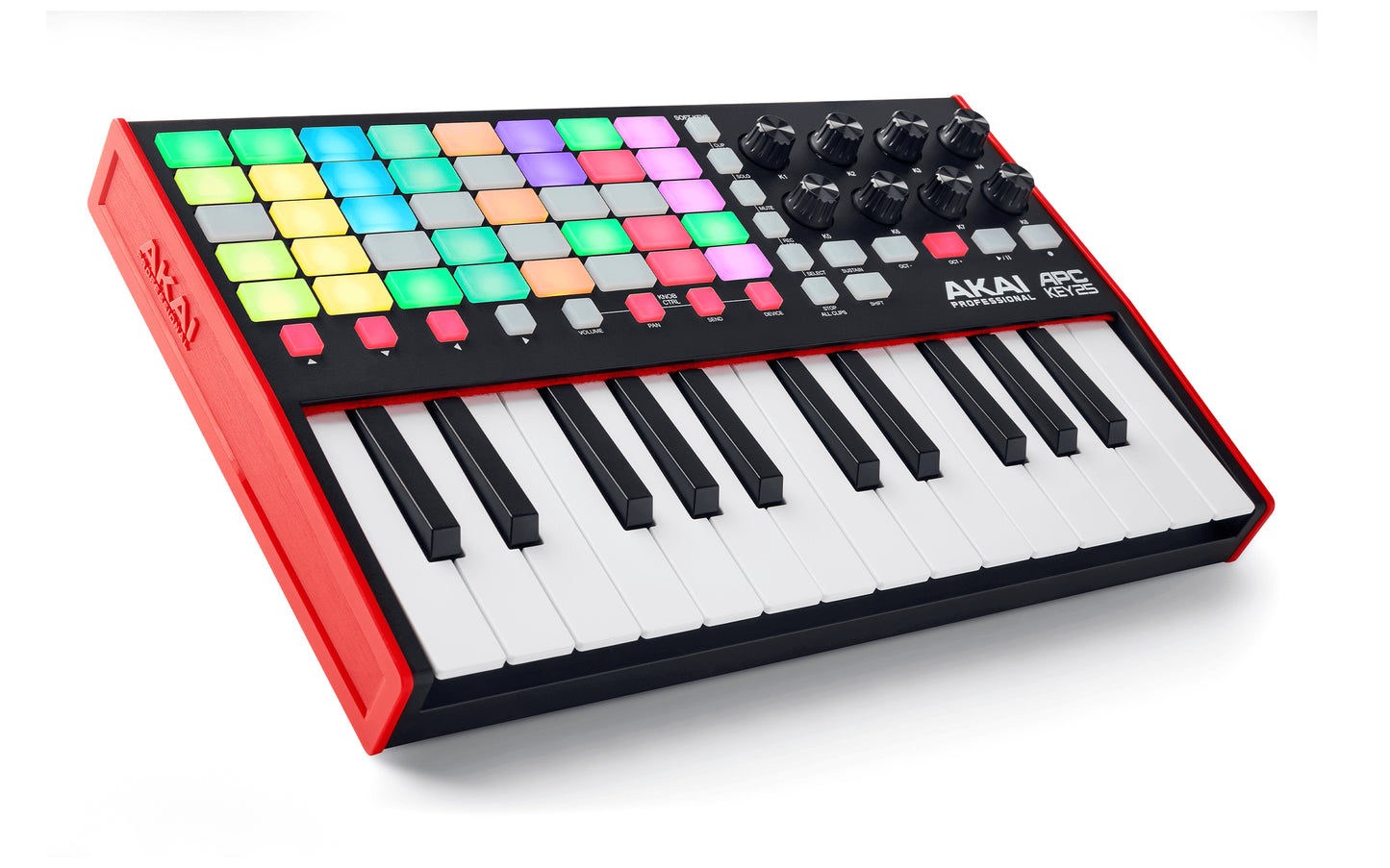 Akai APC Key 25 MKII compact Ableton Live keyboard controller viewed from the right angle.