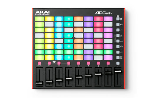 Akai APC Mini MKII portable pad controller designed for Ableton Live, featuring a compact layout with colorful pads.