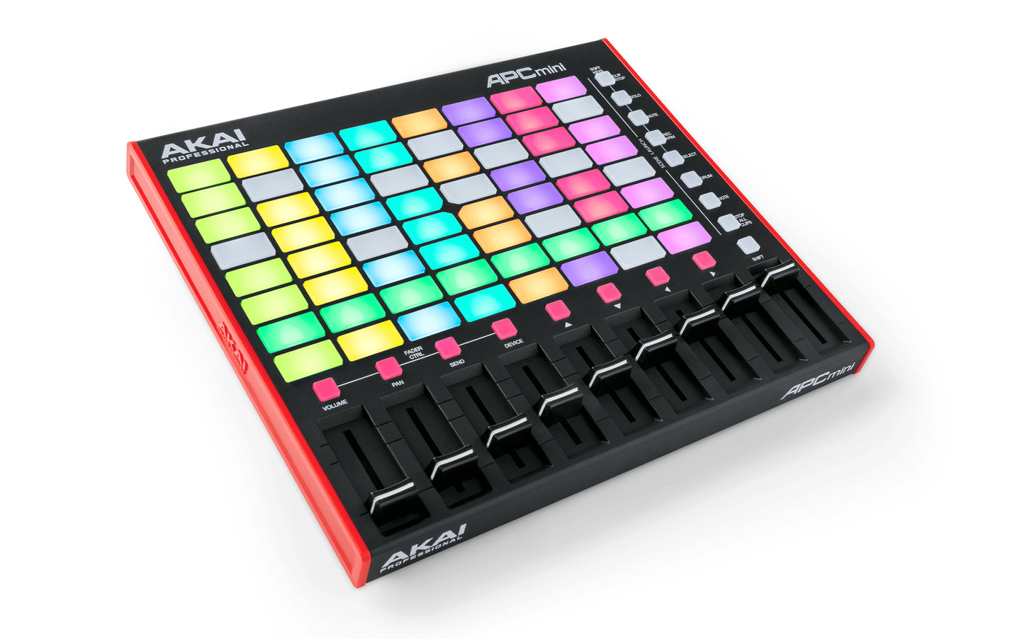 Akai APC Mini MKII portable pad controller for Ableton Live, viewed from the right angle.