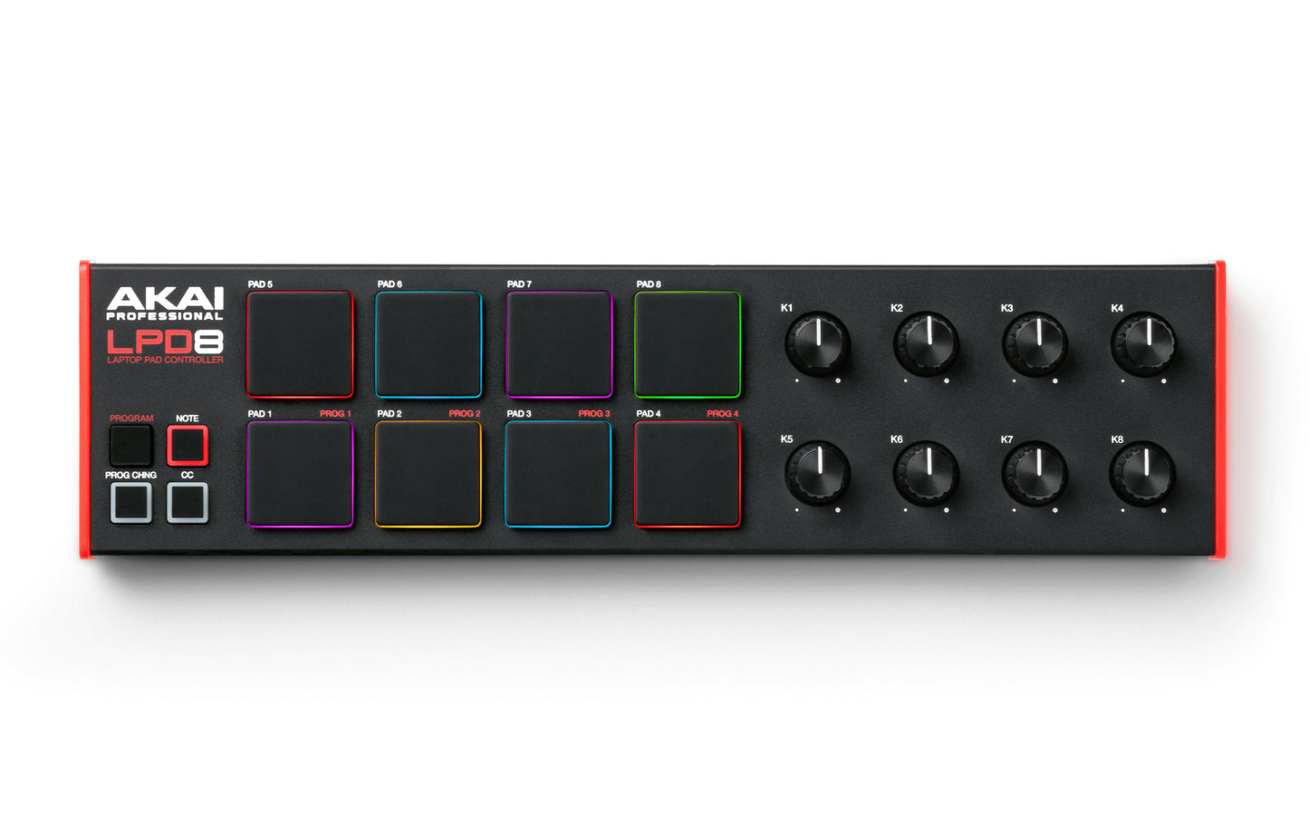 Akai LPD8 MKII portable USB MIDI pad controller with RGB lighting, showcasing its design and features.