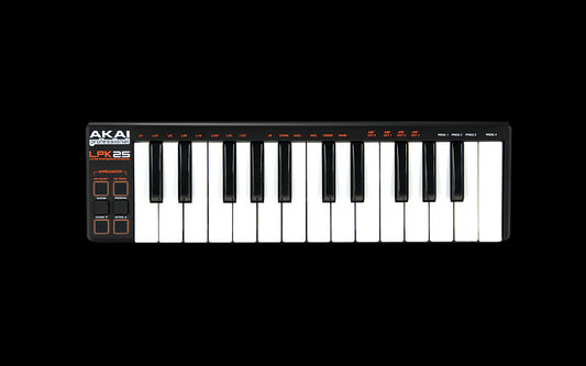 Akai LPK25 Compact USB MIDI Keyboard Controller showcasing its compact design and keyboard layout.