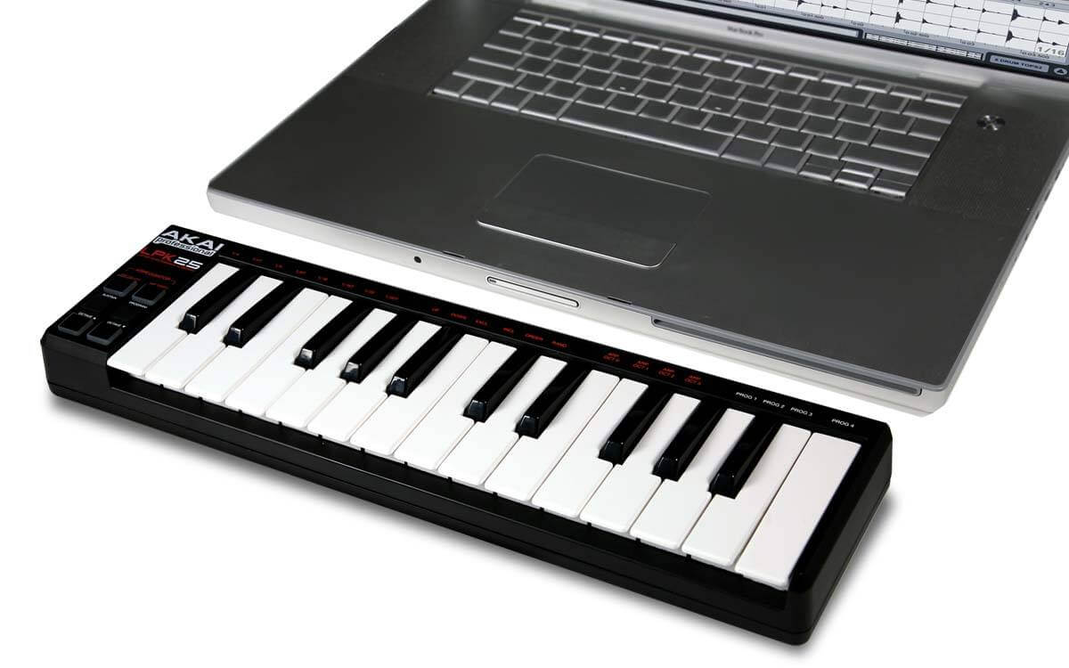 Akai LPK25 Compact USB MIDI Keyboard Controller viewed from an angle.
