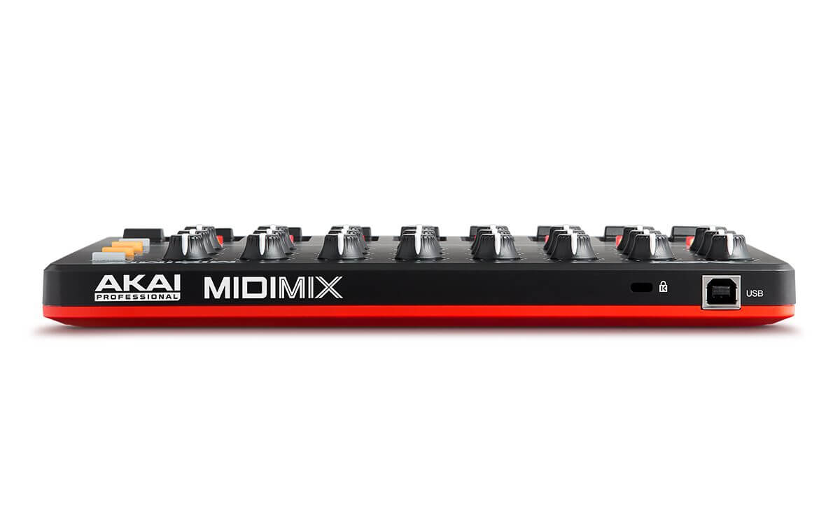 Rear view of the Akai MIDI Mix, a portable USB MIDI controller designed for digital audio workstations.