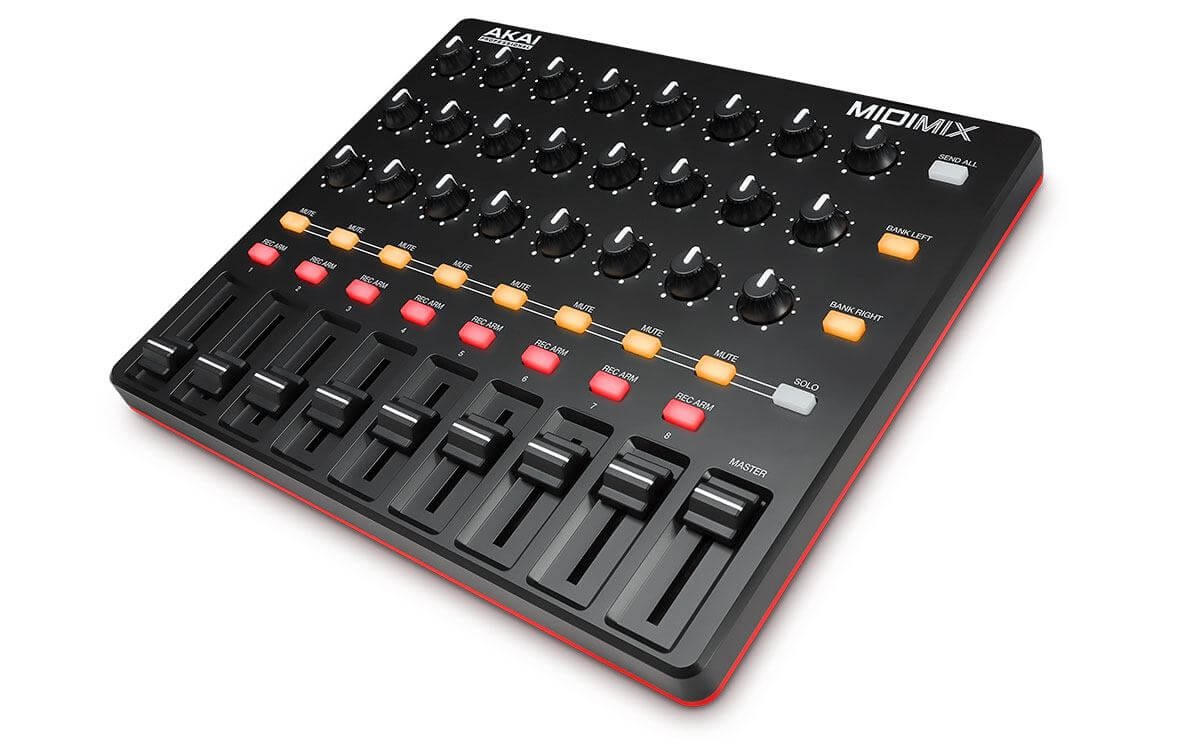 Akai MIDI Mix portable USB MIDI controller designed for digital audio workstations, featuring various knobs and sliders for music production.