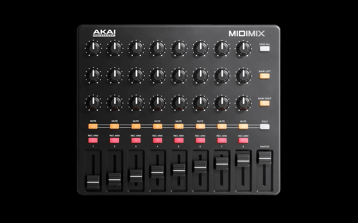 Akai MIDI Mix portable USB MIDI controller designed for digital audio workstations, featuring a sleek and compact design.