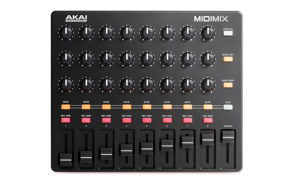 Akai MIDI Mix portable USB MIDI controller for DAWs, featuring a sleek design and various control knobs.