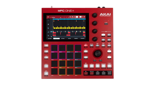 Image of the Akai MPC One+, a compact standalone music production studio, showcasing its design and features.