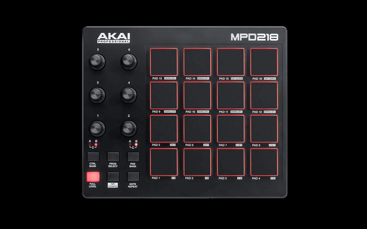 Akai MPD 218 MIDI Pad Controller for music production and performance, featuring versatile pads and controls.