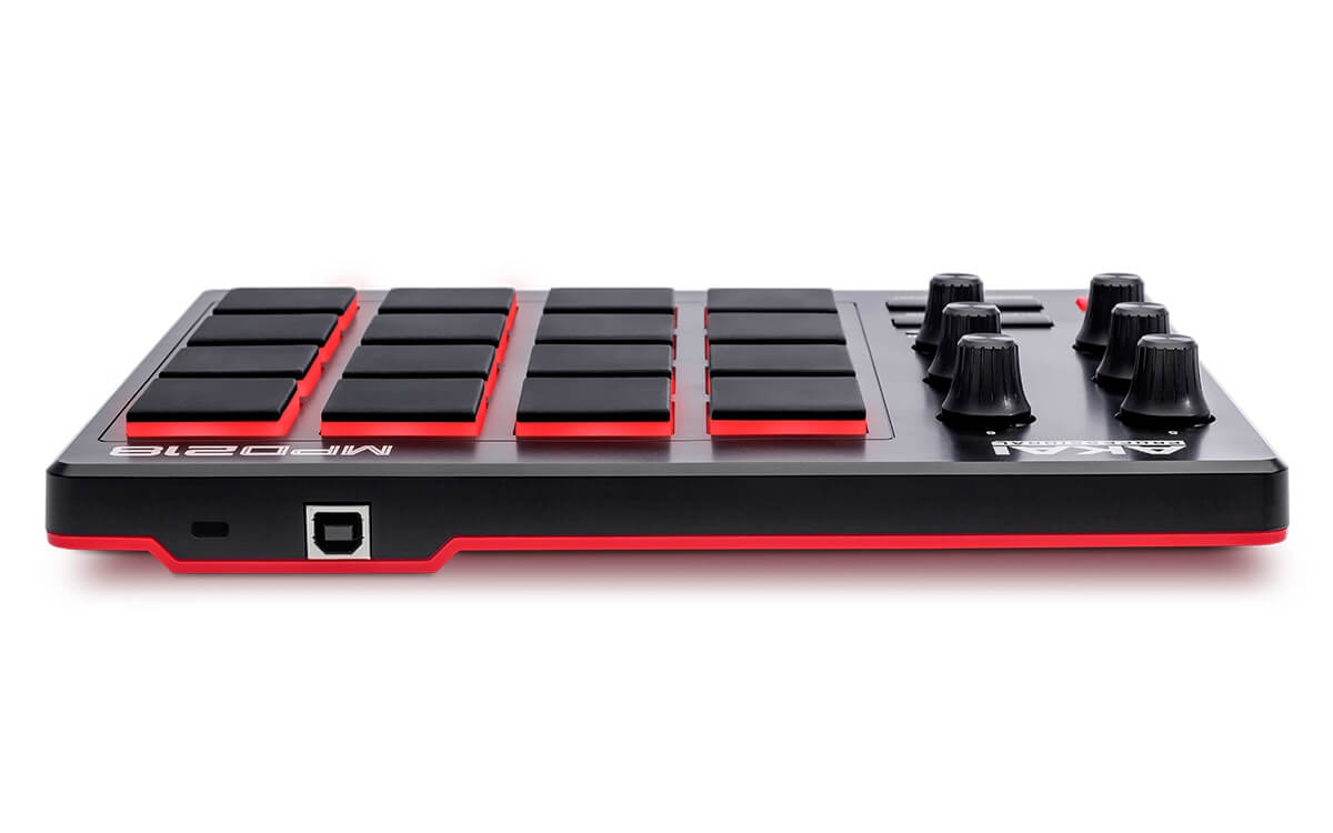 Rear view of the Akai MPD 218 MIDI pad controller, showcasing its versatile design for music production and performance.