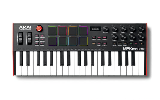 Akai MPK Mini Plus, an expanded portable MIDI keyboard controller, shown from the side and top view.