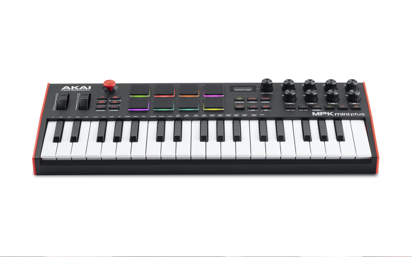 Akai MPK Mini Plus expanded portable MIDI keyboard controller shown from an angled front view.