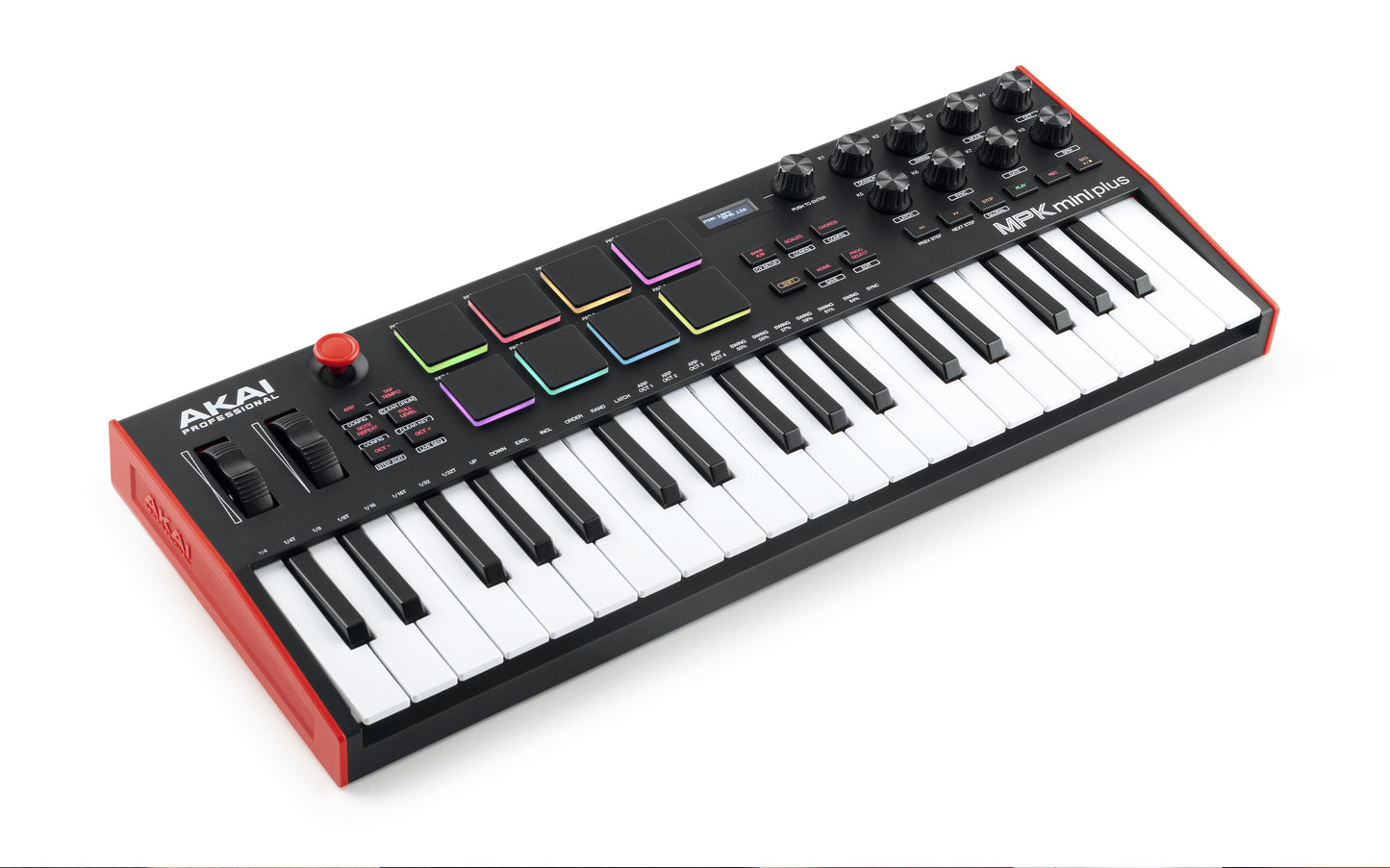 Akai MPK Mini Plus, an expanded portable MIDI keyboard controller, shown from an angled right perspective.