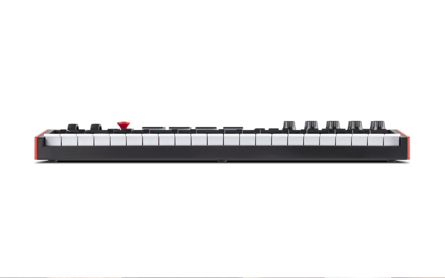 Akai MPK Mini Plus, an expanded portable MIDI keyboard controller, shown from the side and front.
