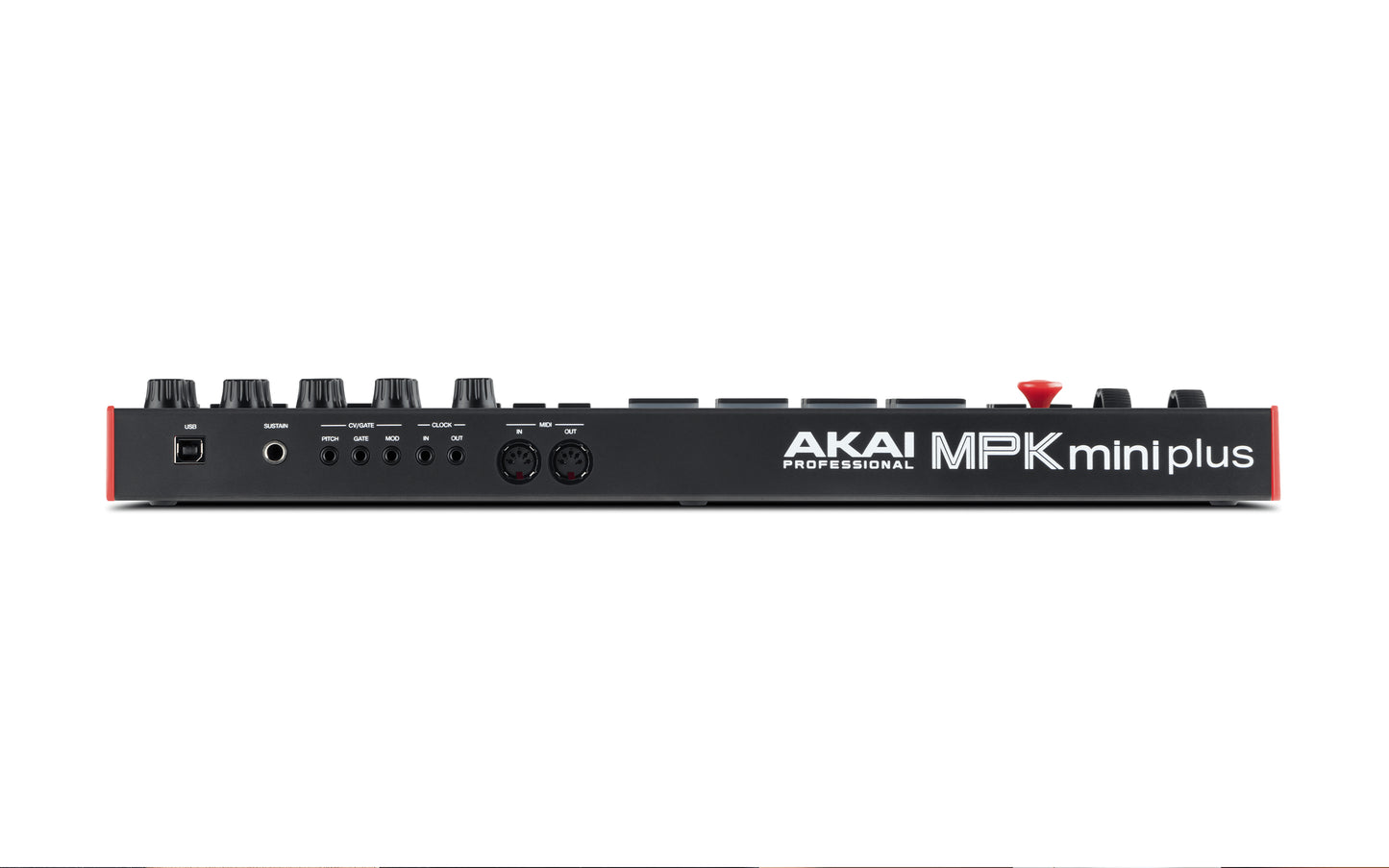 Akai MPK Mini Plus expanded portable MIDI keyboard controller viewed from the side and back.