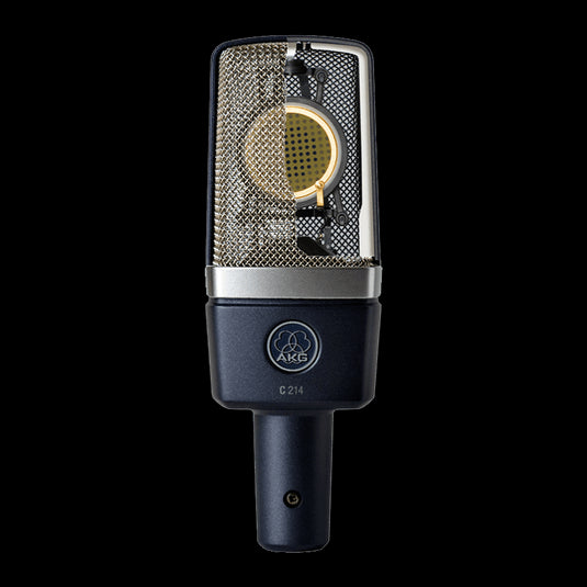 AKG C214 large-diaphragm cardioid condenser microphone displayed from an angled view.