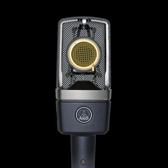 AKG C214 large-diaphragm cardioid condenser microphone, showcasing its design and features.