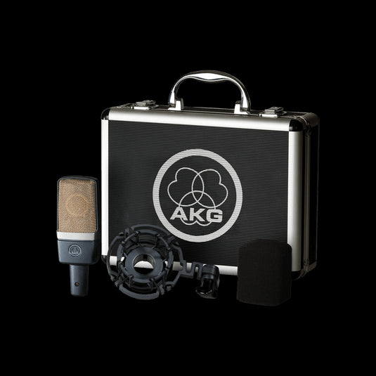 Image showing the package contents of the AKG C214 large-diaphragm cardioid condenser microphone.