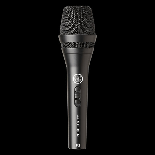 AKG P3 S rugged performance microphone with on/off switch, shown from the front in white.