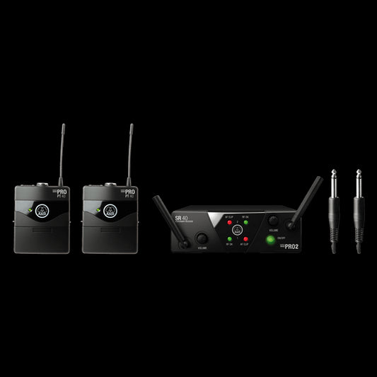 AKG WMS40 Mini2 Wireless Dual Instrument Set featuring two wireless instrument transmitters and a receiver.