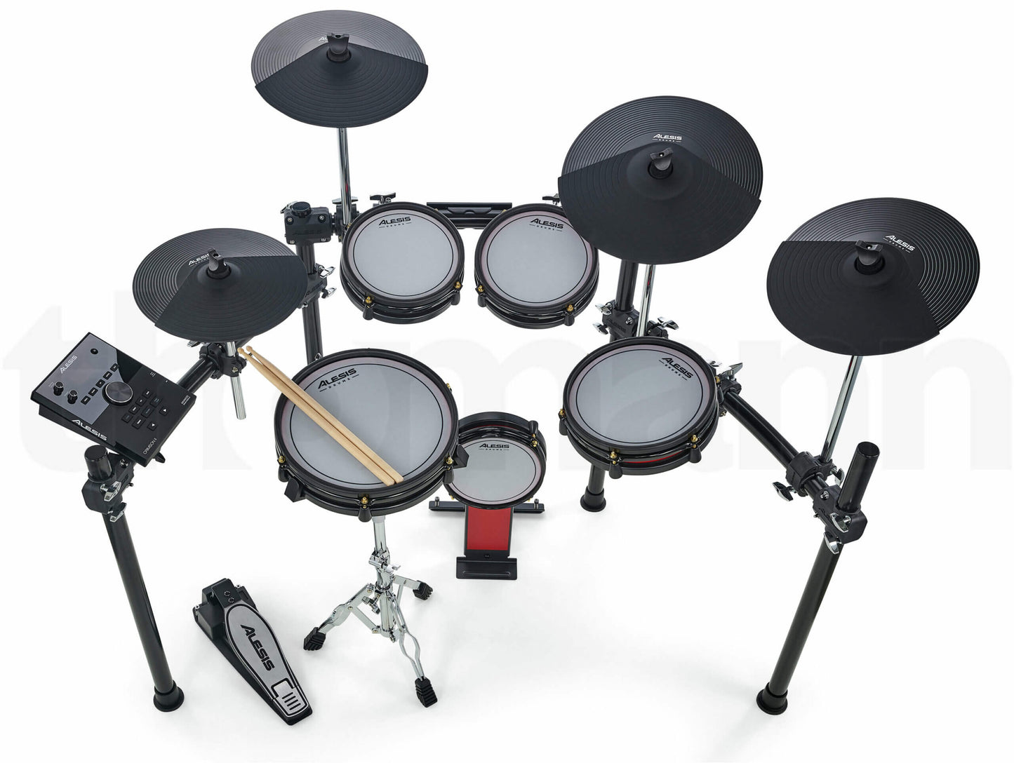 Top view of the Alesis Crimson Mesh II SE, a premium electronic drum kit featuring white mesh heads and an advanced module.
