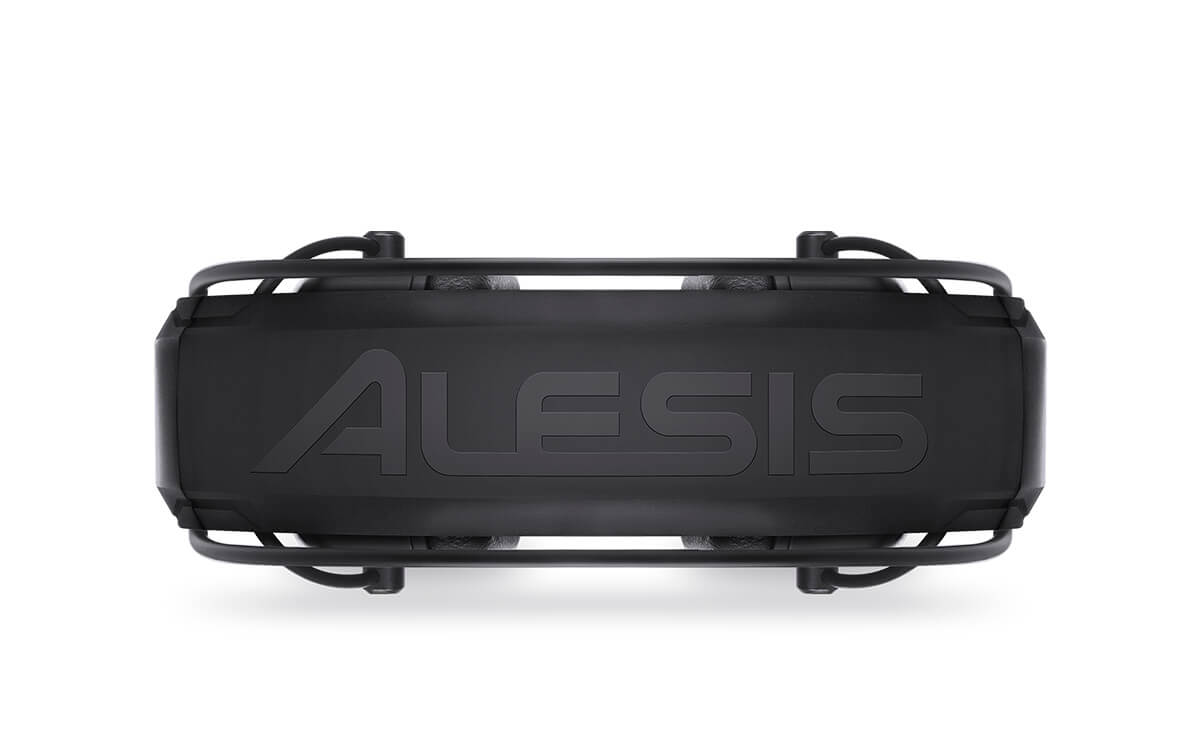 Alesis DRP100 professional over-ear monitoring headphones designed for electronic drummers, showcasing the top view of the product.