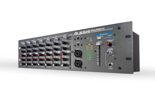 Alesis MultiMix 10 W, a versatile 10-channel rackmount mixer with Bluetooth capability.