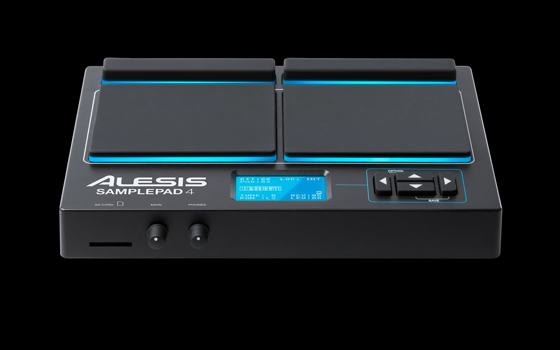 Alesis Sample Pad 4 is a 4-pad percussion and sample-triggering instrument, featuring a built-in library, shown from an angled front view.